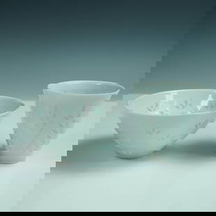 2pc Arabia Finland Rice Porcelain Bowl and Cup by Friedl Holzer-Kjellberg: Striking 2-piece rice porcelain set designed by Friedl Holzer-Kjellberg (1905–1993) for Arabia Finland, featuring one bowl and one tapered cup. Showcasing Holzer-Kjellberg's celebrated pierced porce