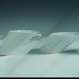 2pc Arabia Finland Rice Porcelain Set by Friedl Holzer-Kjellberg: Refined 2-piece rice porcelain cream and open sugar bowl set designed by Friedl Holzer-Kjellberg (1905–1993) for Arabia Finland. This mid-century set showcases Holzer-Kjellberg's signature technique