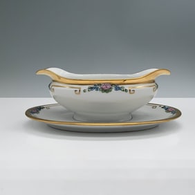 Porcelain Gravy Boat with Attached Underplate, Gilded Trim