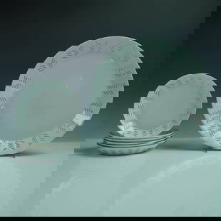 7pc Arabia Finland Rice Porcelain Plate Set by Friedl Holzer-Kjellberg: A refined 7-piece porcelain plate set designed by renowned ceramic artist Friedl Holzer-Kjellberg for Arabia Finland. Crafted in the iconic "rice porcelain" technique, these translucent white plates a