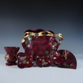 5pc Marumi Occupied Japan Lacquerware Set, Metal Base