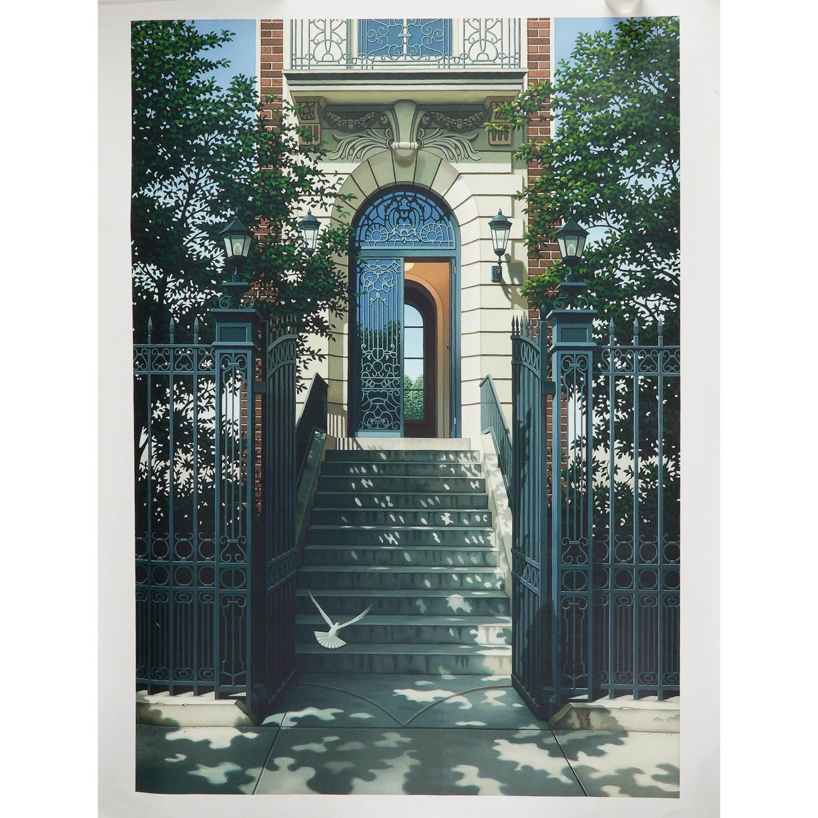 Frederick Phillips, Original Giclee on Canvas, Gateway: Giclee on canvas by British artist Frederick Phillips, titled Gateway. This architectural composition presents a grand staircase leading to an arched doorway framed by ornate ironwork and lush greener