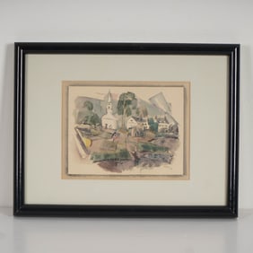 Framed Watercolor Print on Paper, Country Church Landscape
