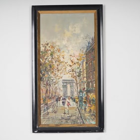 Bayard, Oil on Canvas Painting, Paris Street Scene w/ de Triomphe, Signed