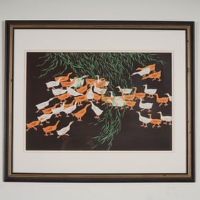 Chinese Gouache on Paper Folk Art Painting, Ducks Beneath Willow Tree