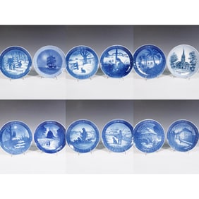 12pc Royal Copenhagen Blue and White Collectible Plates, 1924-1979