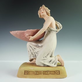 Royal Dux Porcelain Figurine of Kneeling Woman with Shell Bowl