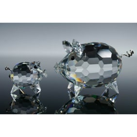 2pc Swarovski Crystal Figurines, Pig Medium and Mini