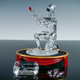4pc Swarovski SCS Figurine, Harlequin with Base, Plaque, and Roses