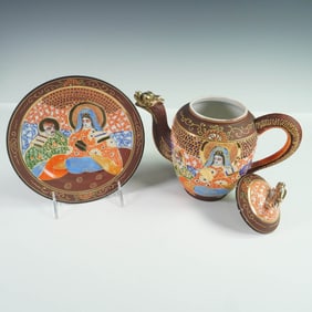 T & T Japanese Satsuma-Style Moriage Porcelain Teapot and Saucer