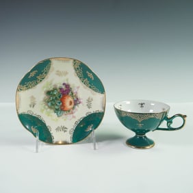 2pc Royal Halsey Very Fine Green and Gilt Fruit Motif Teacup and Saucer