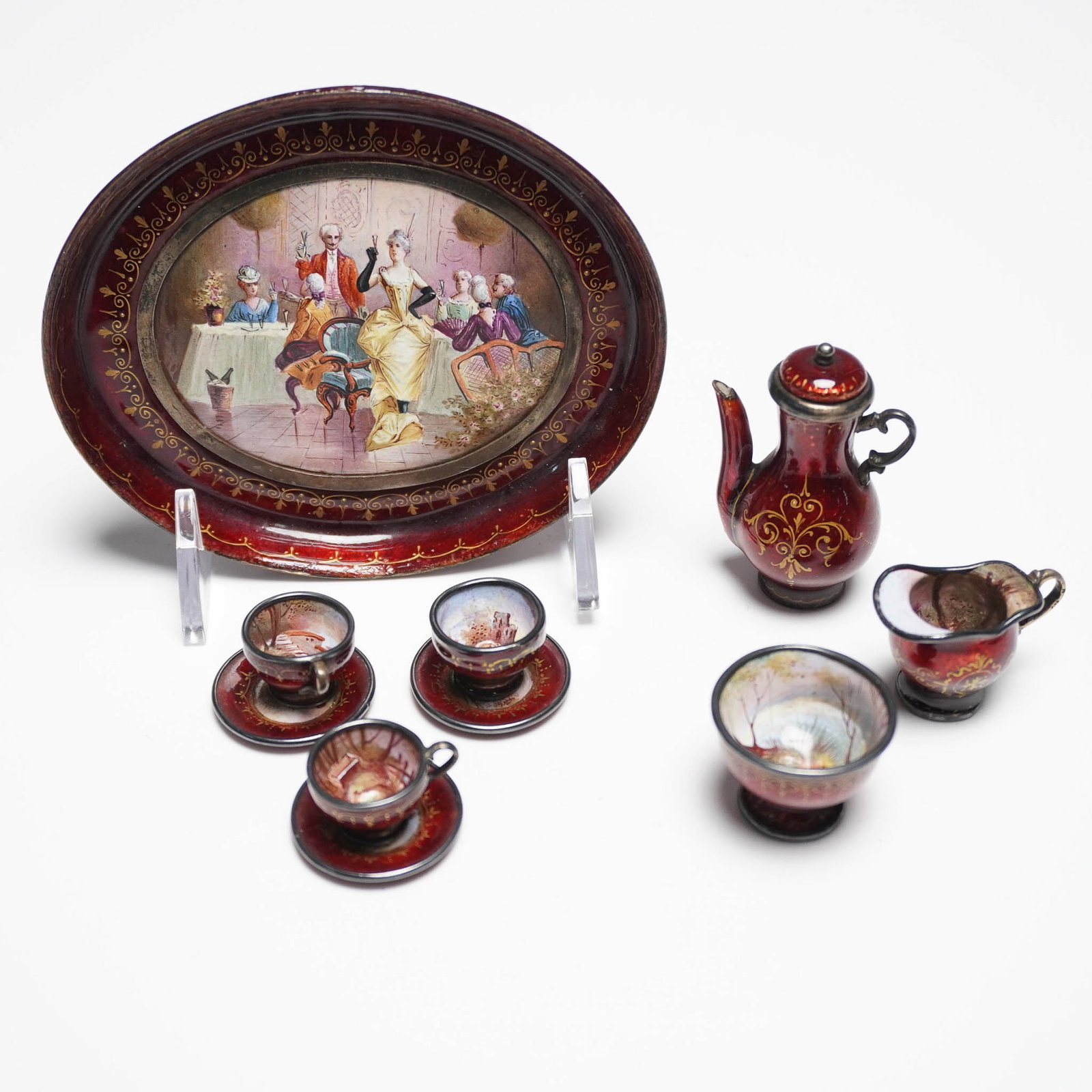 10pc Viennese Style Enamel Miniature Tea Set with Hand Painted Scenes (1 of 4)