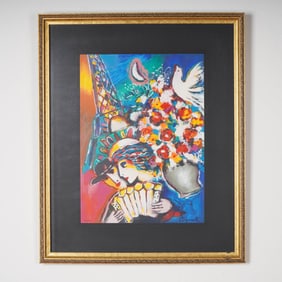 Zamy Steynovitz, Embellished Serigraph, Parisian Lovers w/ Eiffel Tower
