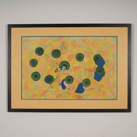 Original Chinese Folk Art Gouache & Markers on Paper, Crop Pickers