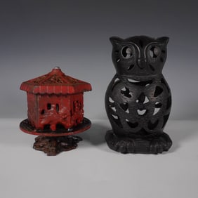 2pc Cast Iron Owl and Carousel Candle Holders