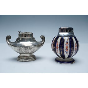 2pc Occupied Japan Table Lighters, Silverplate and Hand-Painted Porcelain