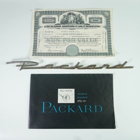 3pc Vintage Packard Emblem, 1956 Brochure & Stock Certificate