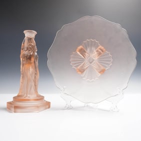 2pc Pink Depression Glass Vanity Set with Draped Lady Holder