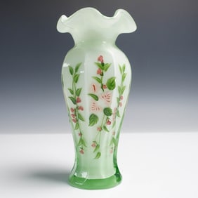 Cased Milk Green Glass Vase with Hand Painted Roses