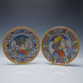 2pc Deruta Italian Majolica Portrait Plates Signed M. Sambuco