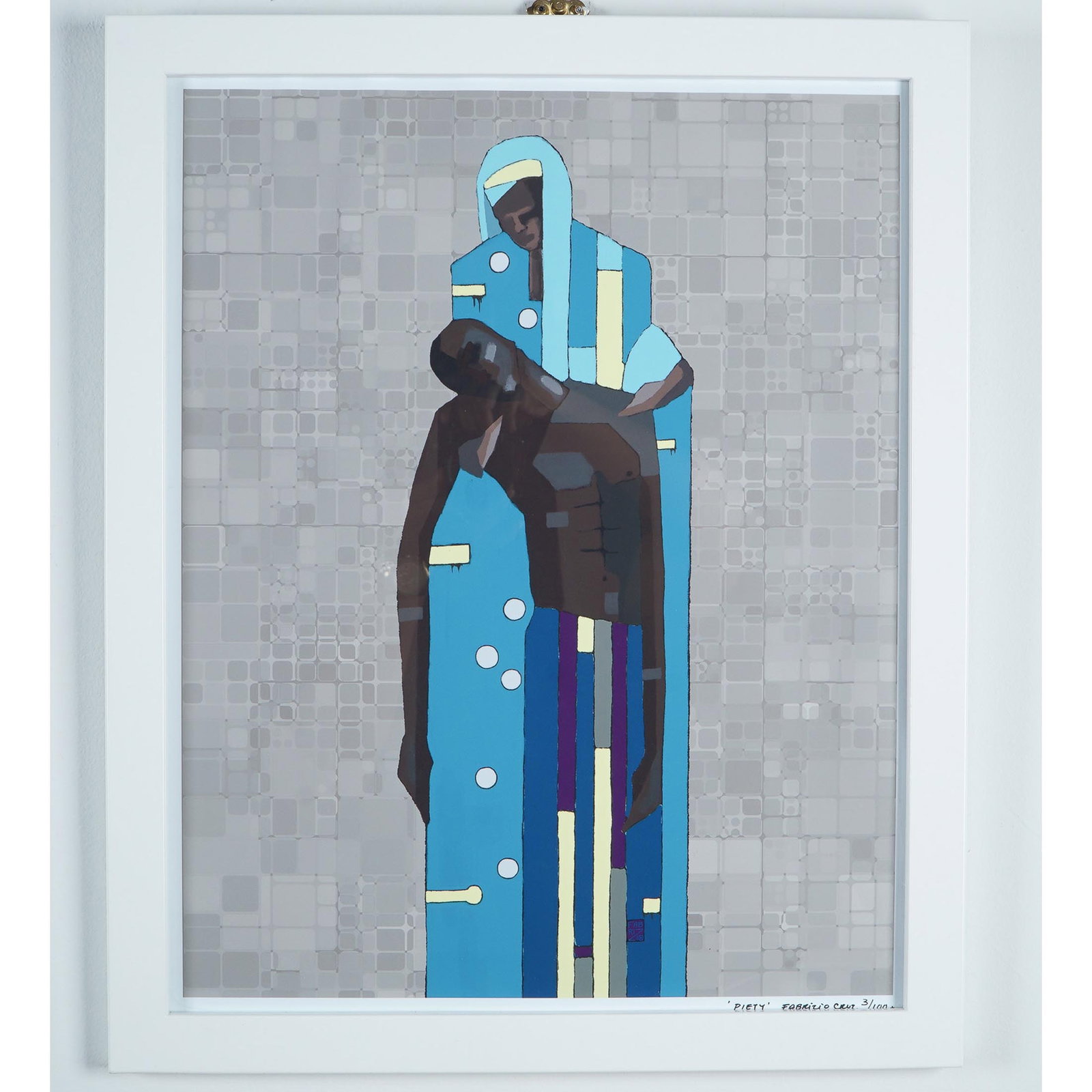 Fabrizio Cruz, Color Serigraph on Paper, Piety, Signed: Limited edition color serigraph on paper titled Piety by contemporary East and West Coast multi-media artist Fabrizio Cruz. The composition features a striking interplay of religious symbolism and exp