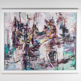 H. E. Simone, Abstract Expressionist Oil on Canvas, Gondola Scene, Signed