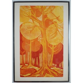 Abstract Color Woodblock on Paper, Forest, Signed