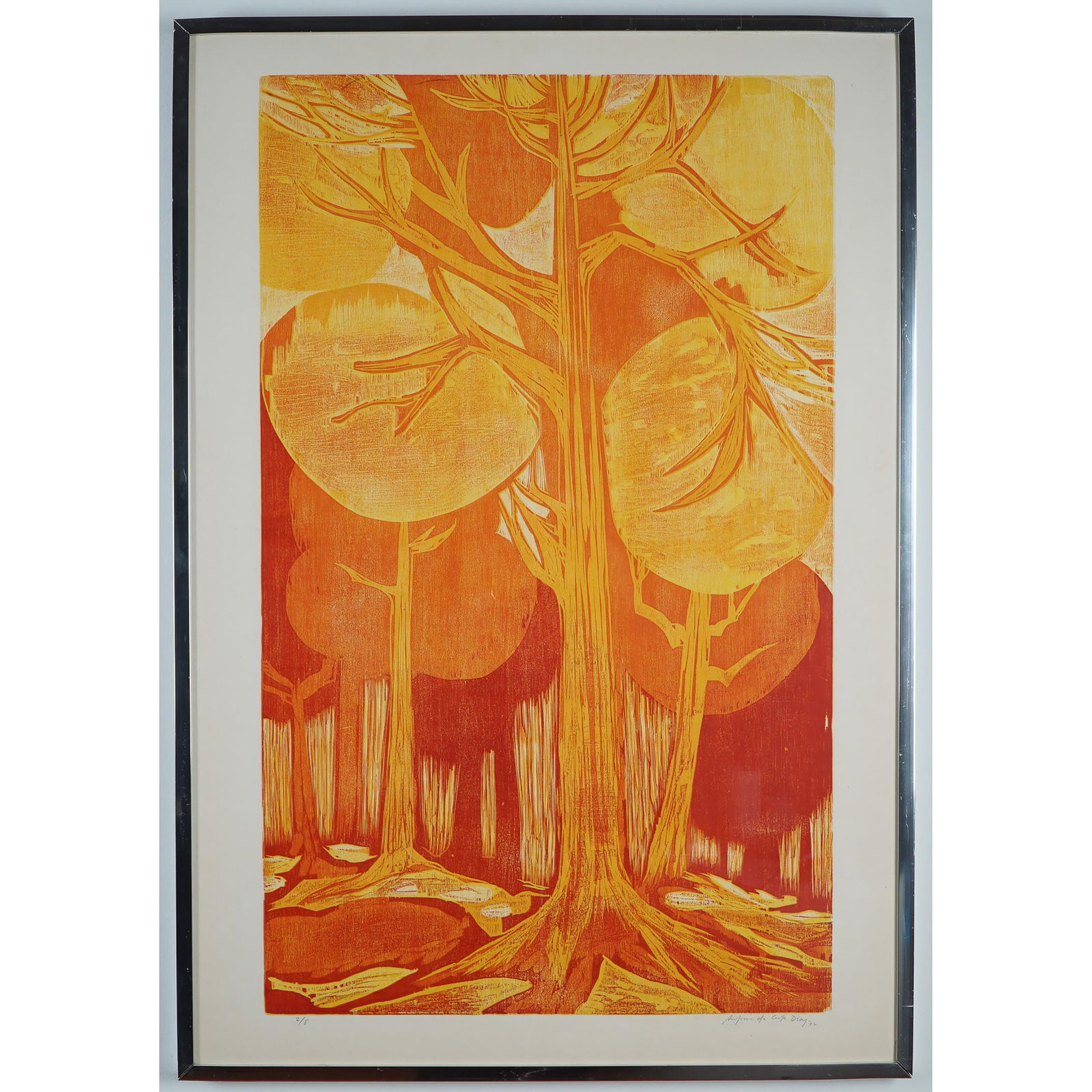 Abstract Color Woodblock on Paper, Forest, Signed (1 of 4)