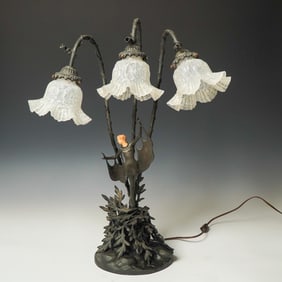 H. Moreau Art Nouveau Style Fairy Lamp with Tripod Floral Shades