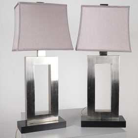 Pair of Modern Brushed Metal Table Lamps with Rectangular Cutout Design