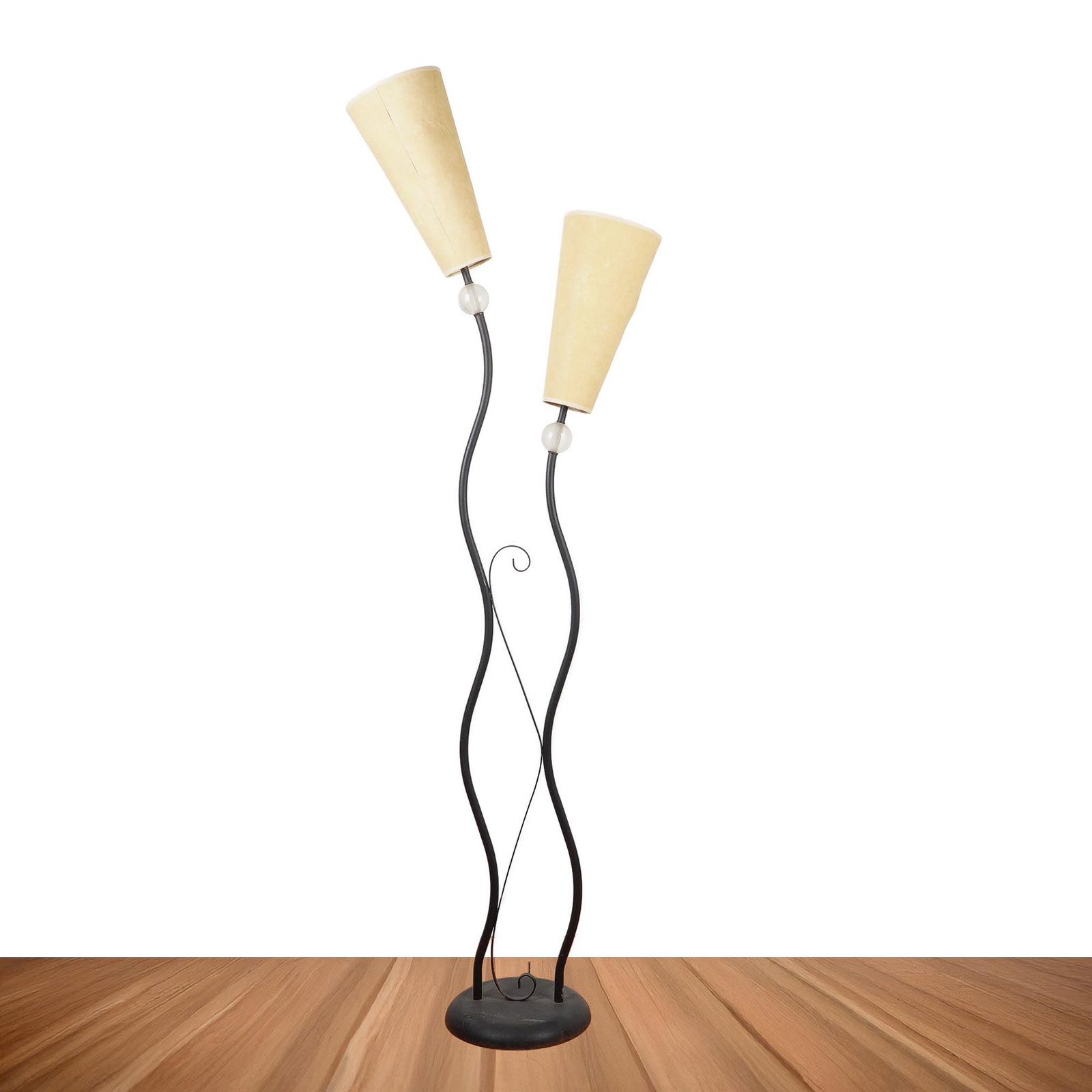 Mid-Century Style Floor Lamp w/ Dual Curved Arms & Conical Shades: Sculptural wrought iron Mid-century style floor lamp featuring two gracefully curved arms that intersect in a fluid, wave-like design. Each arm supports a conical cream-colored shade and a frosted Luc