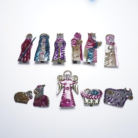 Mexican Tin Nativity Set with Embossed Metal Box