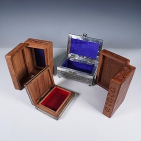 4pc Carved Wood and Metal Inlay Jewelry Boxes