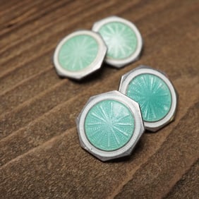 Pair of Sterling Guilloche Enamel Cufflinks, Mint Green