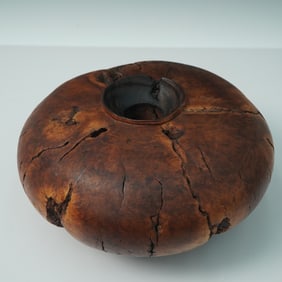 Hand-Turned Burl Wood Vessel with Natural Fissures Signed