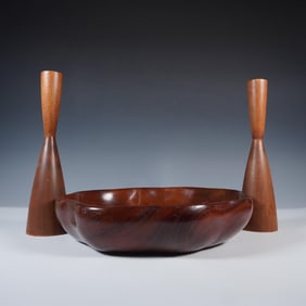 Hand Carved Haitian Monkey Pod Wood Bowl and Candle Holders Set