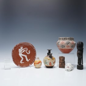 Eclectic Collection of Pottery, Porcelain, and Wood Sculptures