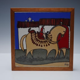 Eduardo Vega Framed Ceramic Tile, Village Scene
