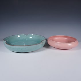 2pc Decorative Ceramic Bowls, Pink & Aqua Glazed