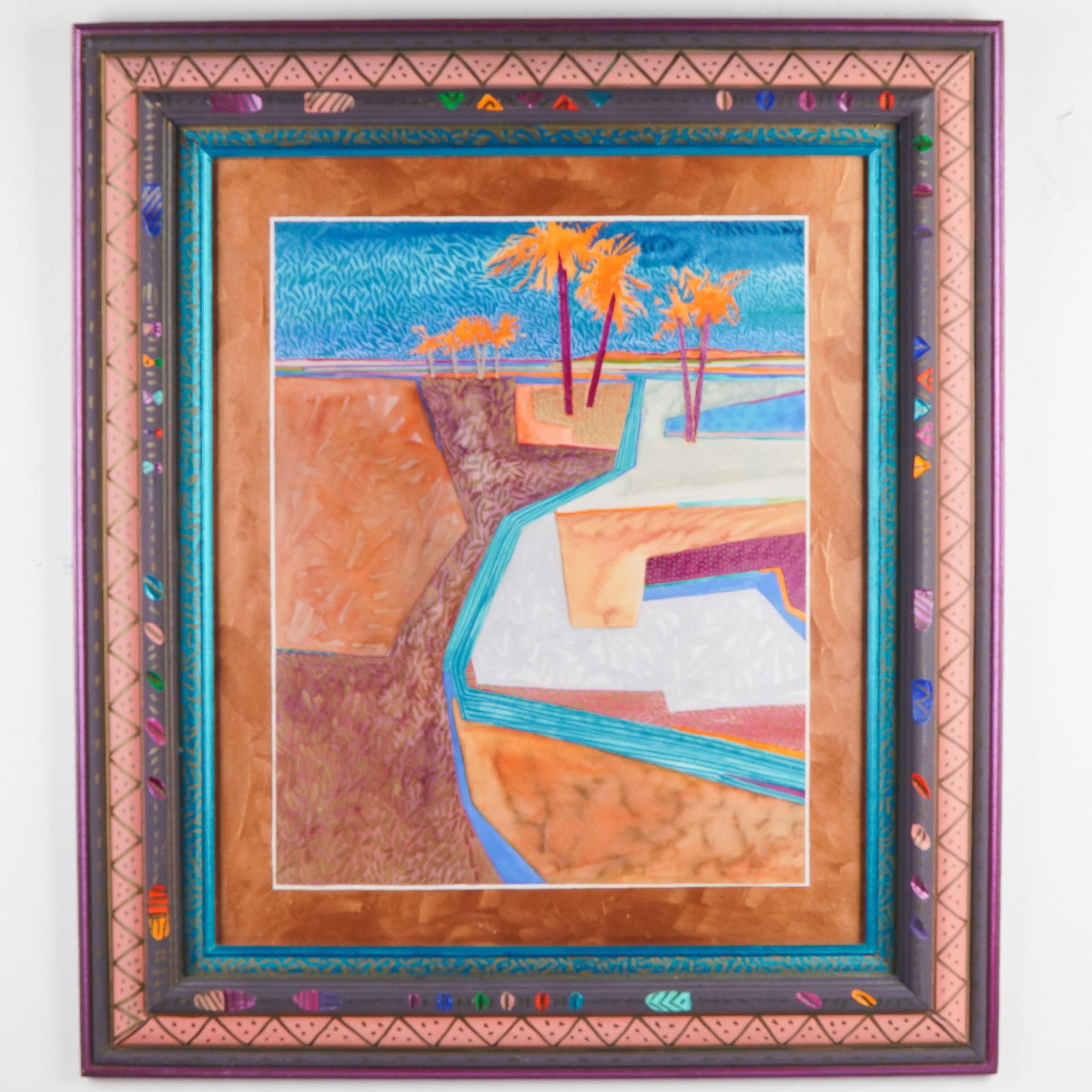 Fran Larsen, Watercolor on Hand-Painted Frame, Sea of Grass, Signed: A vibrant Southwestern watercolor by artist Fran Larsen, titled Sea of Grass. Characteristic of the New Mexico art scene, her composition bursts with expressive color and abstracted desert landscape f
