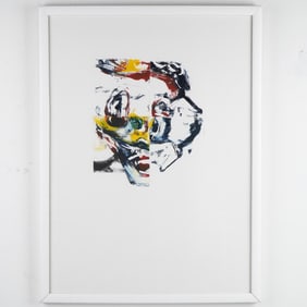 Abstract Expressionist Gouache on Paper, Fragmented Portrait, Signed