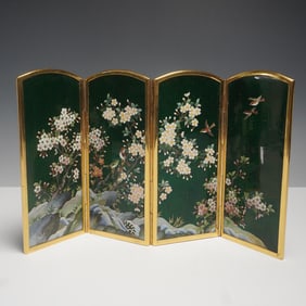 Japanese Cloisonne Table Screen with Floral and Mountain Scenes