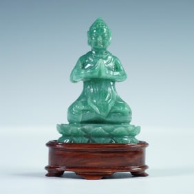 Asian Carved Green Aventurine Buddha on Stand