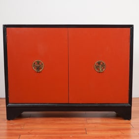 Vintage Chinese Style Red and Black Lacquered Cabinet with Brass Medallions