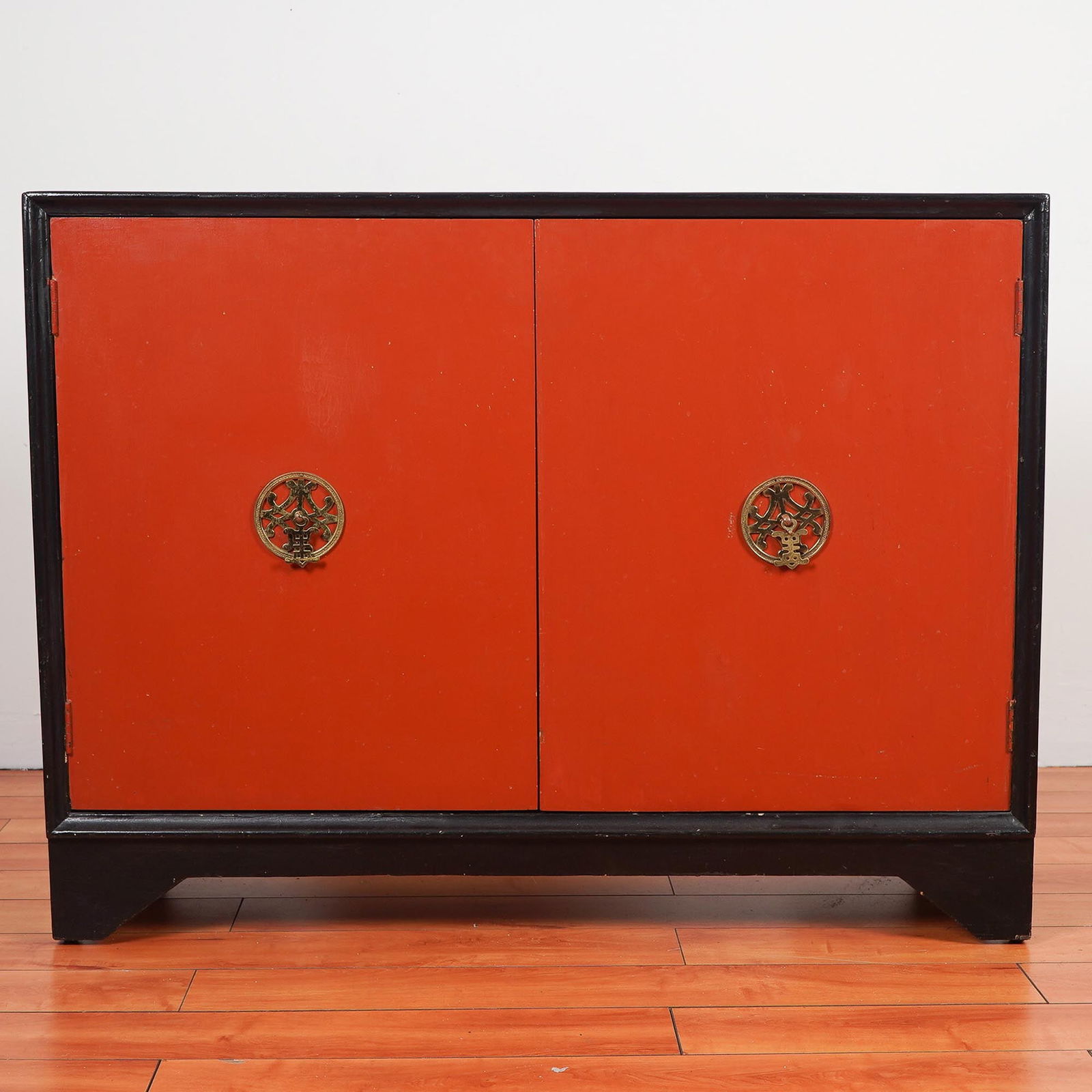 Vintage Chinese Style Red and Black Lacquered Cabinet with Brass Medallions (1 of 7)