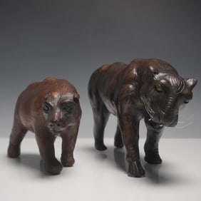 2pc Leather Wrapped Animal Figurines, Bear and Panther