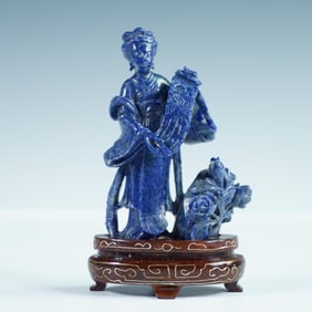 Lapis Lazuli Asian Carved Figure of Woman with Scroll