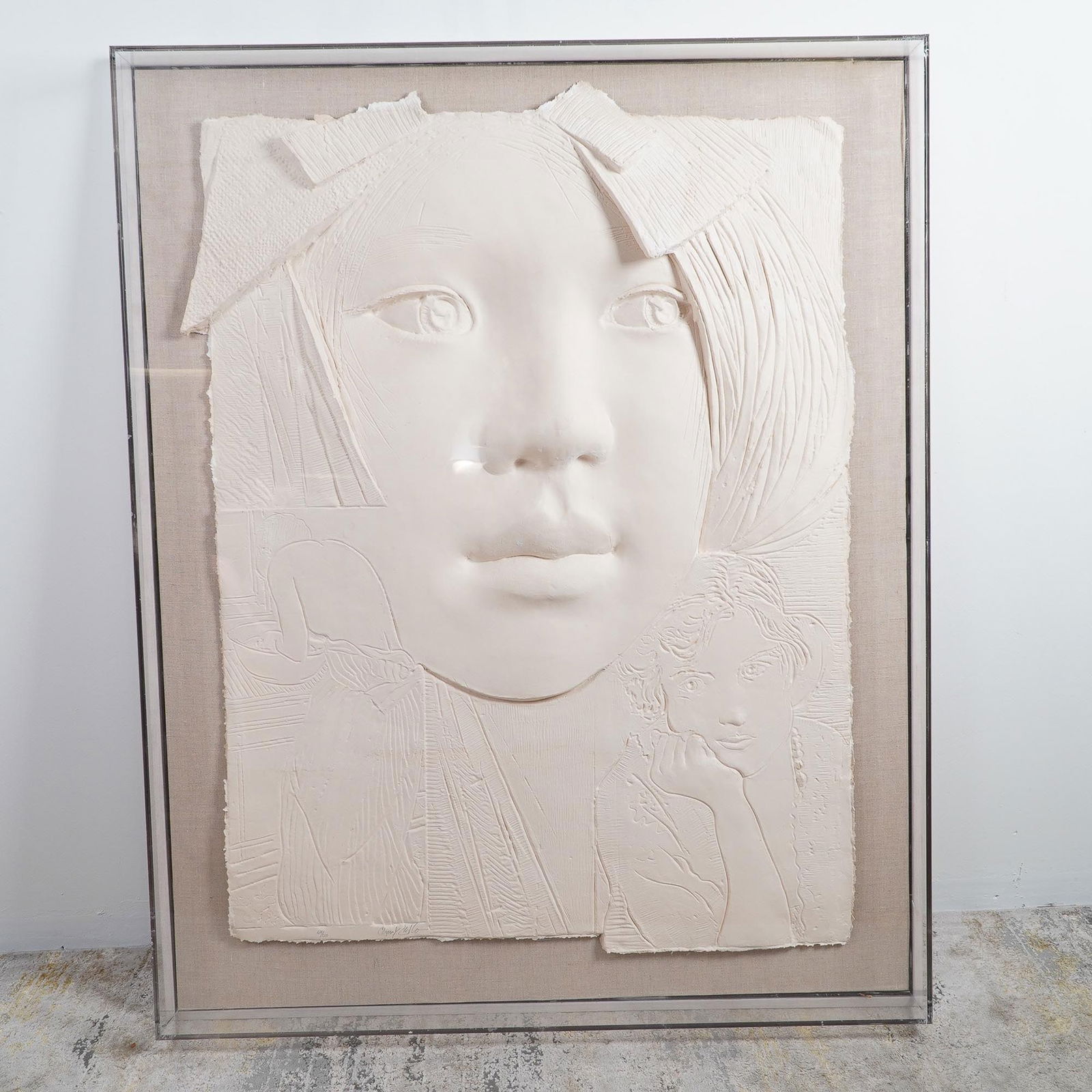 Frank Gallo, Large Embossed Paper Relief Sculpture, Signed: A striking embossed paper relief by Frank Gallo, depicting a young woman's face in a highly sculptural and tactile manner. The artwork features Gallo's signature style, characterized by delicate facia