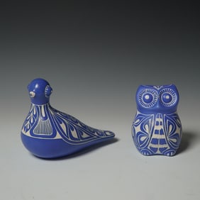 2pc Pablo Zabal Signed Pottery Owl and Bird Sculptures