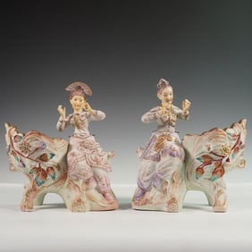 2pc Asian-Inspired Porcelain Nodder Figural Vases